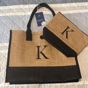 Black and Tan Burlap Tote Bag Set with Embroidered 'K' Initial